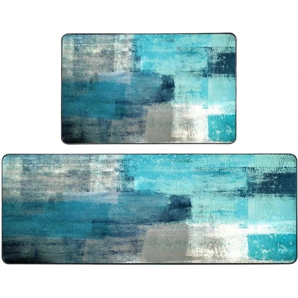 2PC Turquoise Kitchen Rug Set Non-Slip Abstract Bath Mats 17
